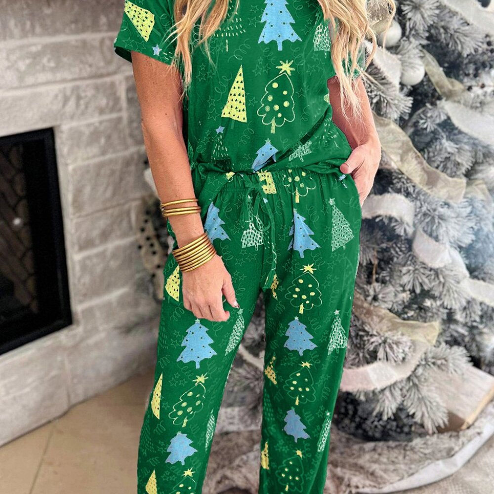 B310 Green Christmas Tree V Neck Tee and Pants Lounge Set - Picture 3 of 5